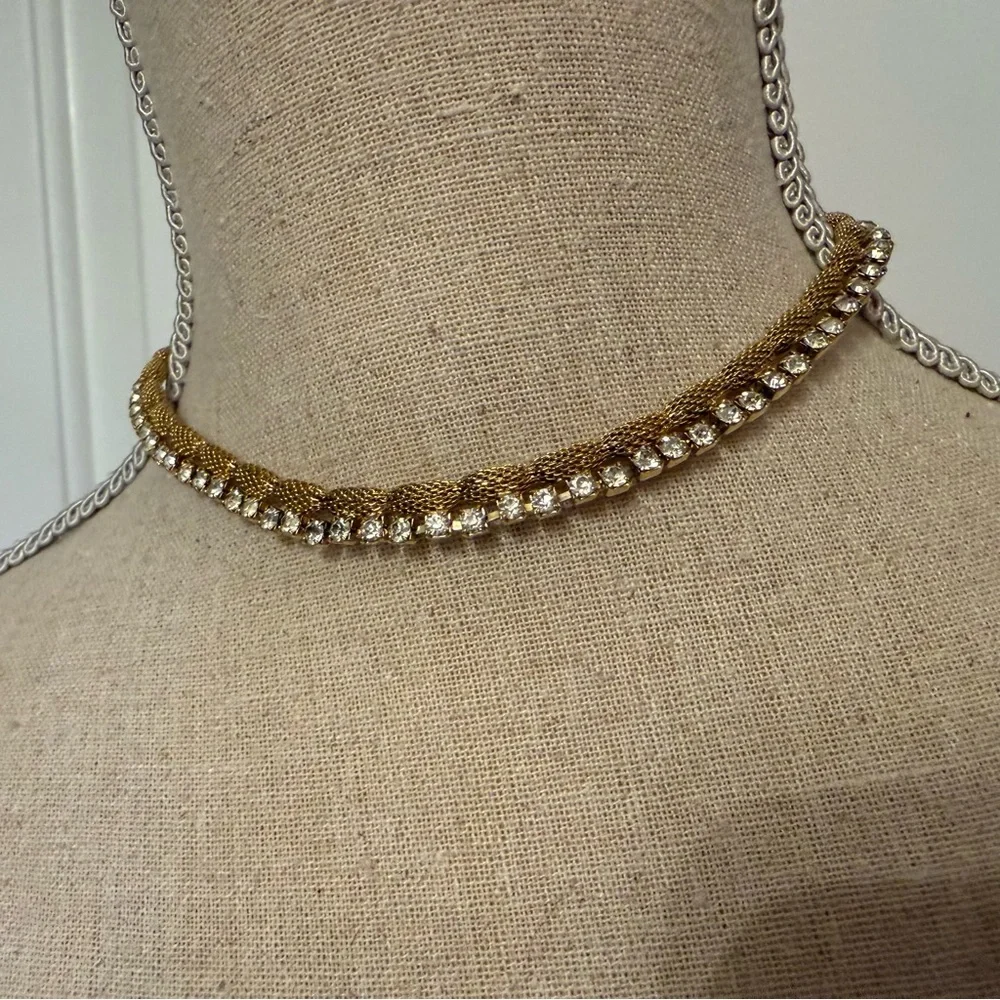 VINTAGE NECKLACE CHOKER GOLD TONE MESH CLEAR RHINESTONES 14” ADJUSTABLE JEWELRY